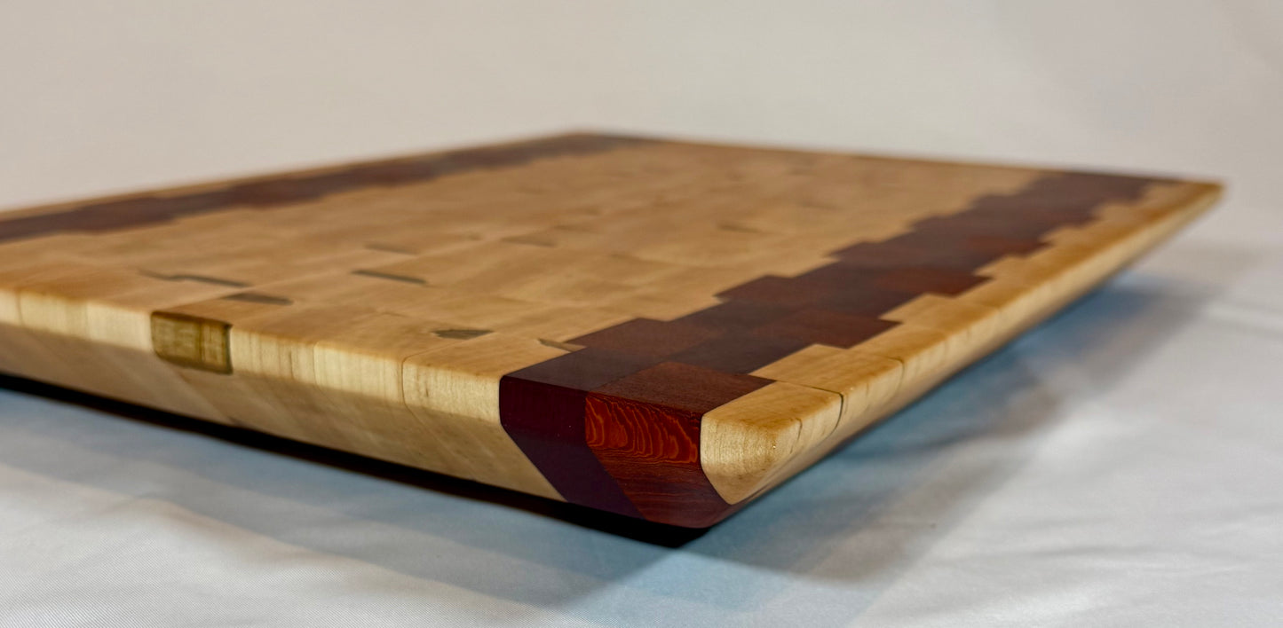 Cutting Board - End Grain Ambrosia Maple, Purple Heart and Paduak 12”x16.25”
